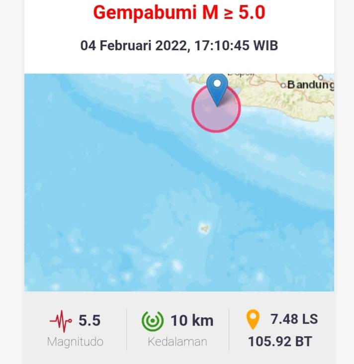 Gempa yang terjadi pada Jumat (4/2/2022) pukul 17.10 WIB berpusat di darat 71 kilometer Barat Daya Bayah-Banten. Foto : BMKG