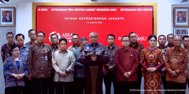 Ketua HIMBARA yang juga Direktur Utama BRI, Sunarso (tengah) saat pertemuan pelaku industri perbankan bersama OJK dengan Presiden Jokowi, Senin (16/1/2023). Foto: BRI for INDOPOS.CO.ID