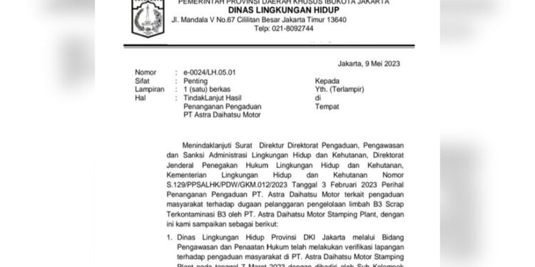Surat dari Dinas Lingkungan Hidup DKI Jakarta kepada Kementerian LHK pada 9 Mei 2023 terkait Tindak Lanjut Hasil Penanganan Pengaduan PT Astra Daihatsu Motor. Foto : Capture indopos.co.id