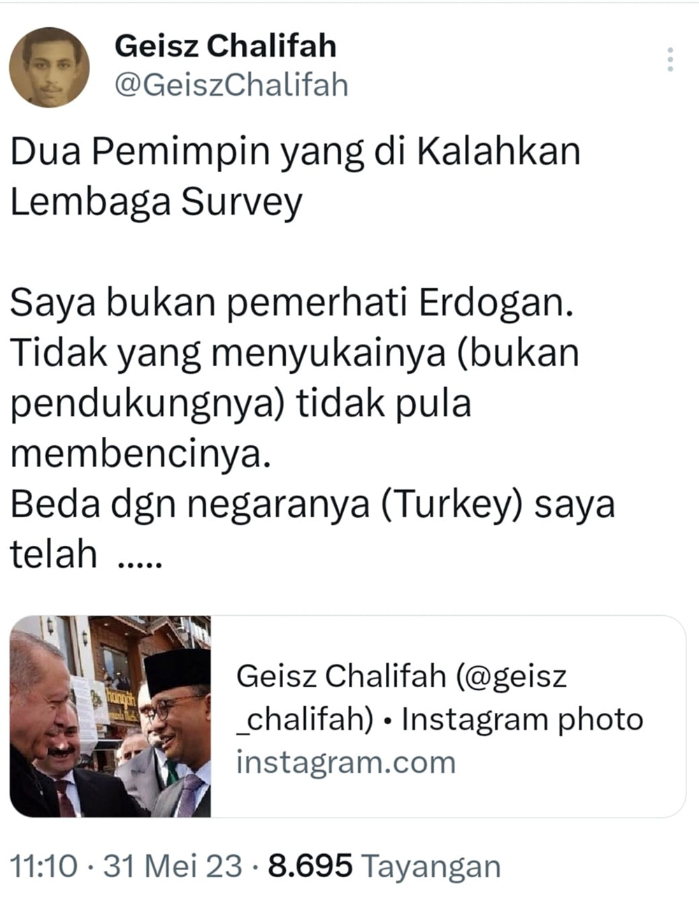Dua Pemimpin yang Dikalahkan Lembaga Survei, Geisz Chalifah Sandingkan Anies dan Erdogan - postingan - www.indopos.co.id
