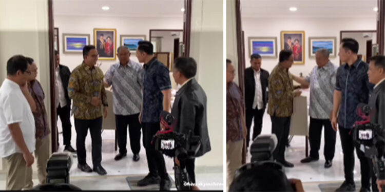 Bacapres Anies Baswedan bertemu dengan Ketua Majelis Tinggi Partai Demokrat Susilo Bambang Yudhoyono (SBY) beserta Agus Harimurti Yudhoyono (AHY) di Pacitan, Kamis (1/6/2023). Foto: Tangkapan layar Instagram/@herzakymahendra