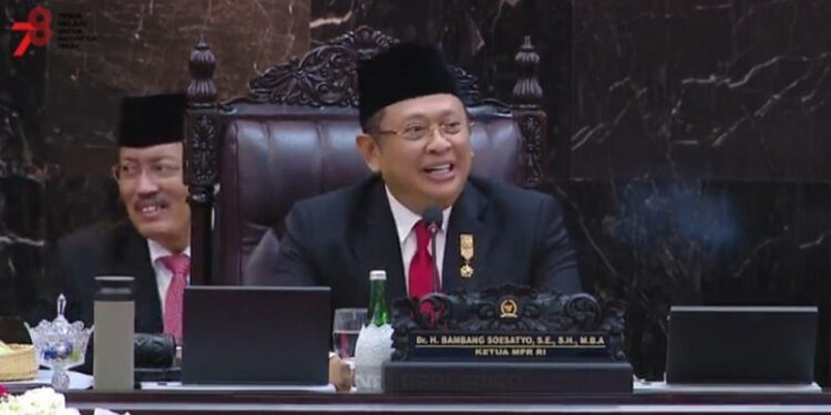 Ketua Majelis Permusyawaratan Rakyat (MPR) Bambang Soesatyo memberikan sambutan saat sidang tahunan MPR RI di Senayan, Jakarta. Foto: YouTube Sekretariat Presiden