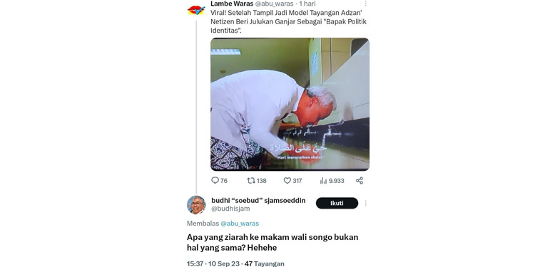 Warganet Sindir Ganjar dan Anies Gunakan Politik Identitas - ganjar azan - www.indopos.co.id
