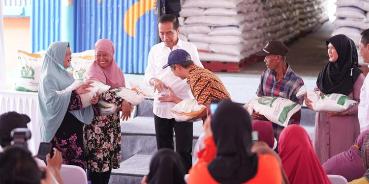 Presiden Joko Widodo (Jokowi) menggelontorkan cadangan beras pemerintah untuk bantuan pangan saat meninjau Gudang Beras Perum Bulog di Dramaga, Bogor. Foto: Dok Bapanas