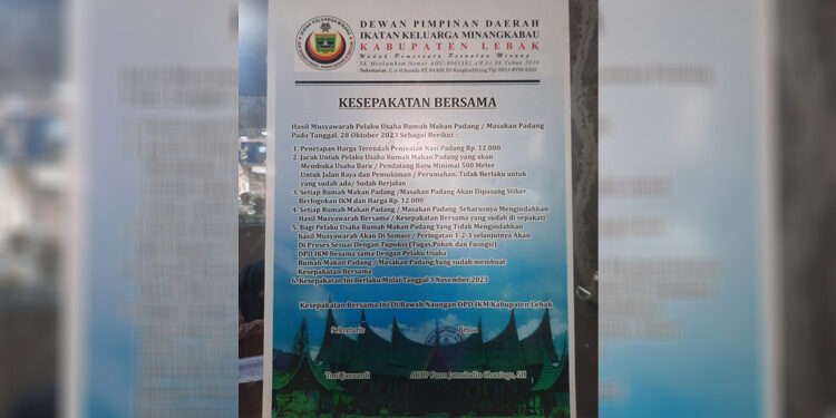 Surat kesepakatan bersama pengusaha rumah makan Padang serba Rp10 ribu di Rangkasbitung. Foto: Istimewa
