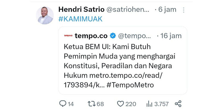 Tangkapan layar Twitter Hendri Satrio #KamiMuak. Foto: Capture Twitter