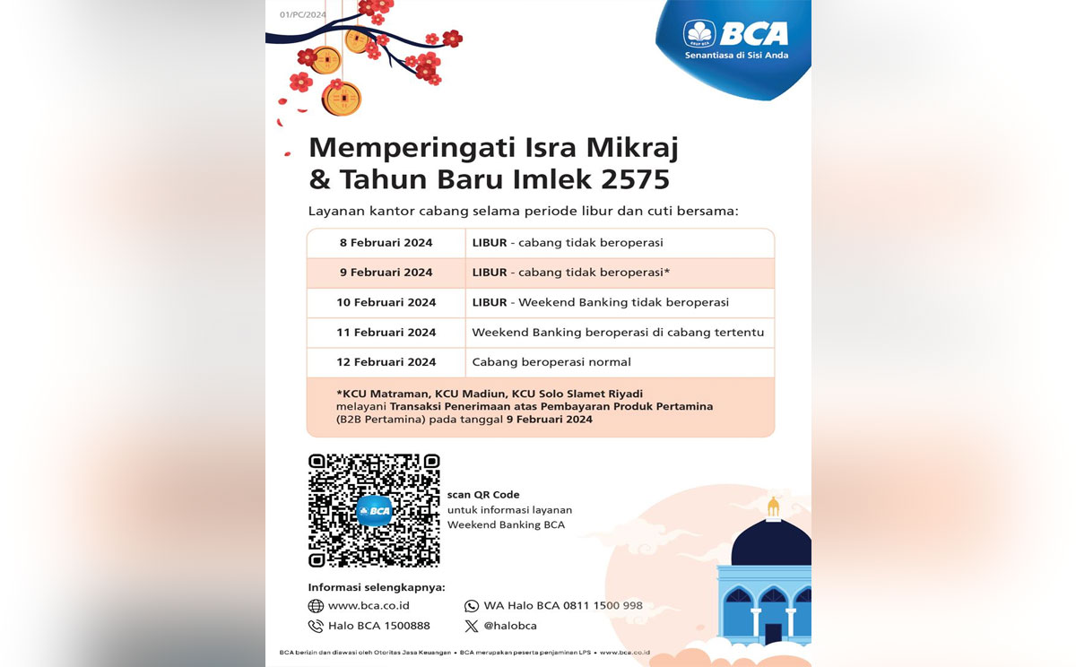 Jadwal Operasional BCA Selama Periode Libur Isra Mikraj Dan Imlek 2024 ...