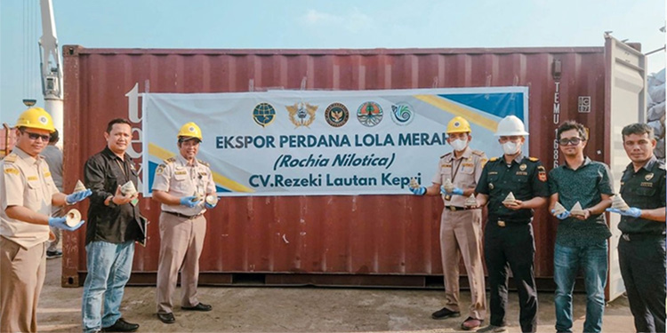 CV. Rezeki Lautan Kepri mengekspor produk unggulannya, yaitu 13 ton cangkang keong lola (Rochia Nilotica) ke Cat Lai, Vietnam, pada Kamis (21/3). Foto: Humas Bea Cukai