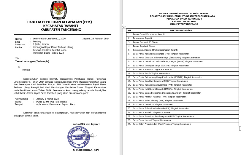 Panwaslu Jayanti Keluarkan Rekomendasi Perbaikan Terkait Dugaan Penggelembungan Suara Caleg Golkar di Kabupaten Tangerang - undangan - www.indopos.co.id