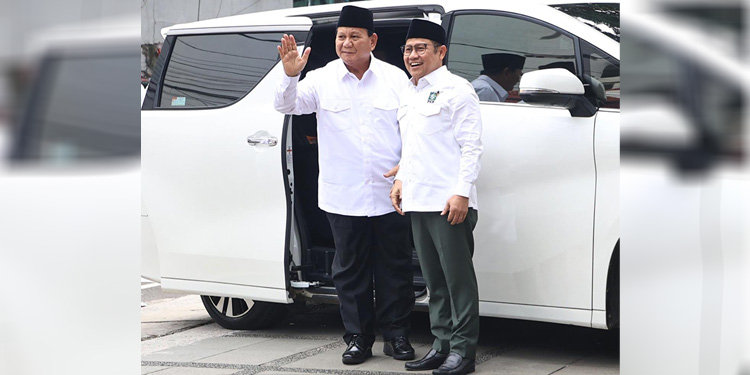 Pertemuan Presiden terpilih Prabowo Subianto dengan Cawapres dari kubu 01 Muhaimin Iskandar di DPP PKB, Jakarta, Rabu (24/4/2024). (Indopos.co.id/Dilianto)
